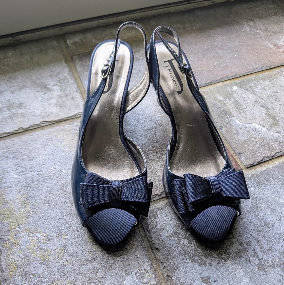J Renee Krissie Navy Patent Leather Open Toe Bow Slingback Wedge